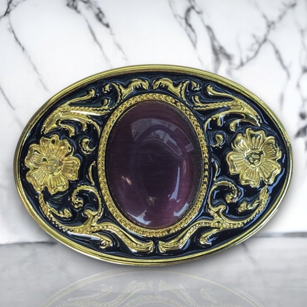 Black And Gold Metal Belt Buckle Oval Shape Amethyst Color Gemstone Belt Buckle